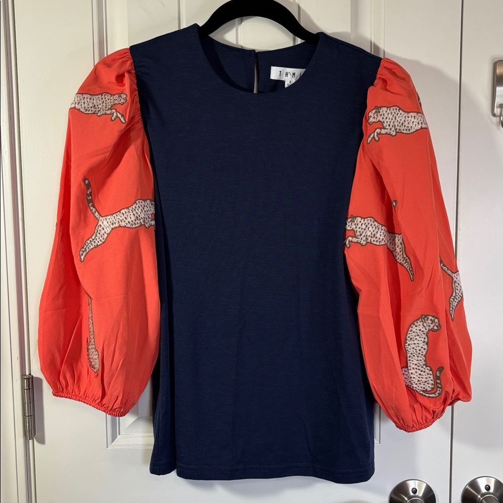 THML Navy Top with Coral Leopard-Print Puff Sleeves
